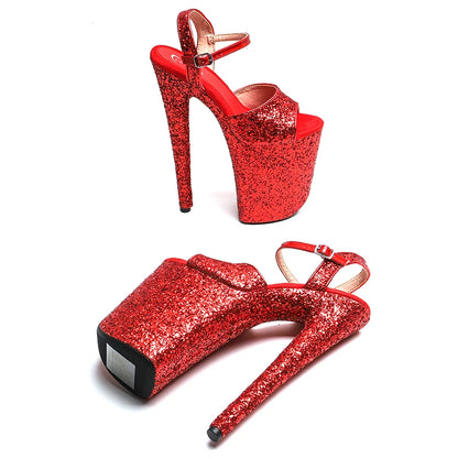 Leecabe 23cm/ 9inches Glitter  upper with PU  starp platform  high heel  open toe sandals  pole dance shoes