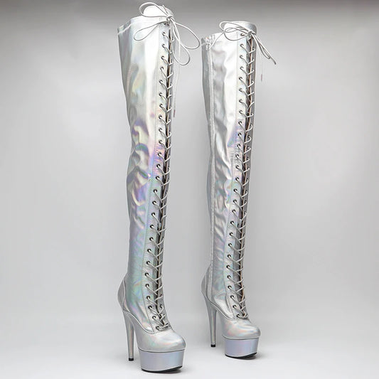 Leecabe 15cm/6inch Pole dance sexy au dessus des bottes hautes avec botte de pole dance sexy de couleur holographique