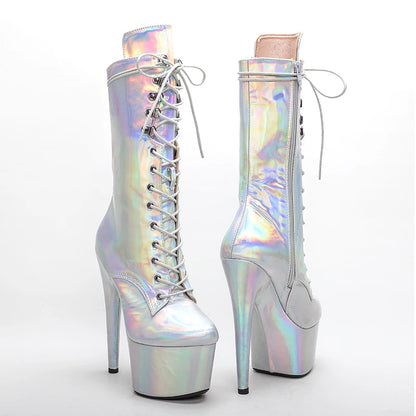 Leecabe Silver holo 17CM/7 pouces Chaussures de pole dance Bottes à talons hauts et plateformes Bottes de pole dance