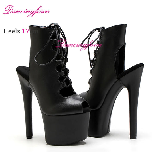 Black Matte Sexy 17cm Peep-Toe Roman Gladiator Pole Dance Shoes Girls Extreme Stripper Fetish High Heels Platforms Boots