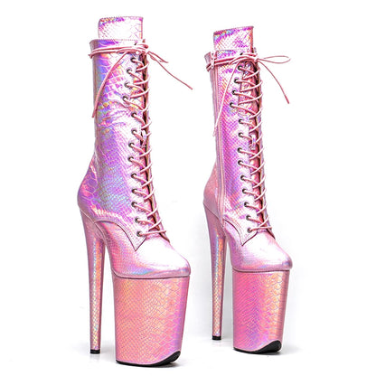 Leecabe 23CM/9 pouces brillant serpent PU tige bottes sexy talons hauts plate-forme chaussures de pole dance