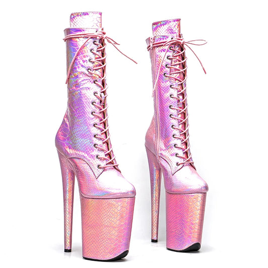 Leecabe 23CM/9 zoll Shiny Snake PU obermaterial Sexy stiefel High Heels Plattform Pole Dance