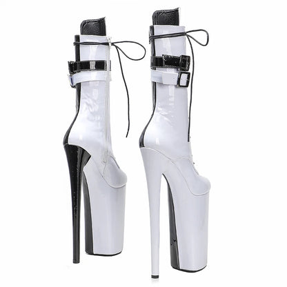 Leecabe  26CM/10inches  Black with white color  patent PU sexy exotic High Heel platform party shoes Pole Dance boot