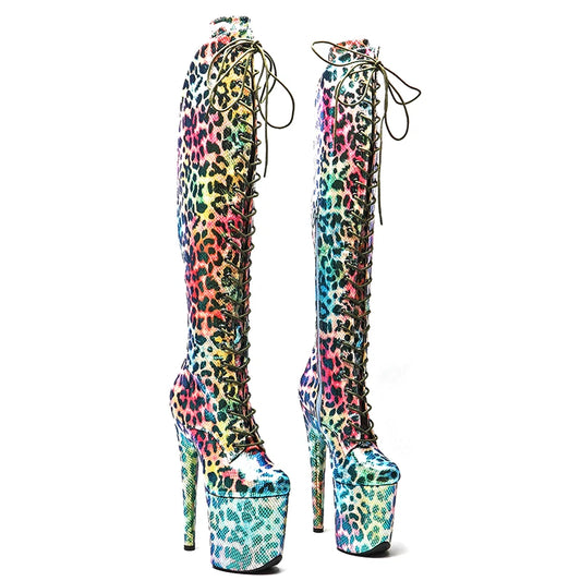 Leecabe 20CM/8Inch Shinny Leopard coloré Femmes Plateforme Fête Talons Hauts Chaussures Pole Dancing Boot