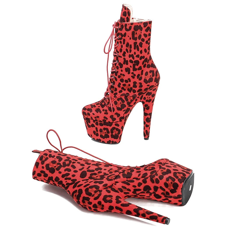 Leecabe Leopard 17CM/7inches Pole dancing shoes High Heel platform Boots Pole Dance boot