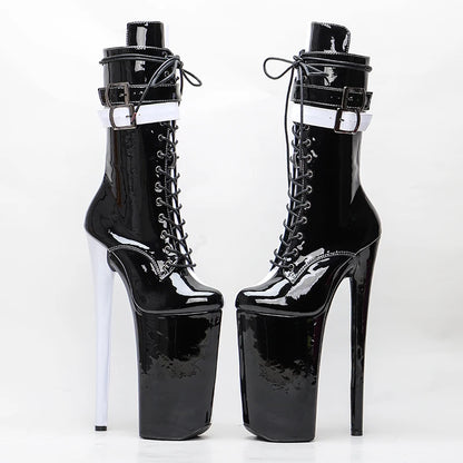 Leecabe  26CM/10inches  Black with white color  patent PU sexy exotic High Heel platform party shoes Pole Dance boot