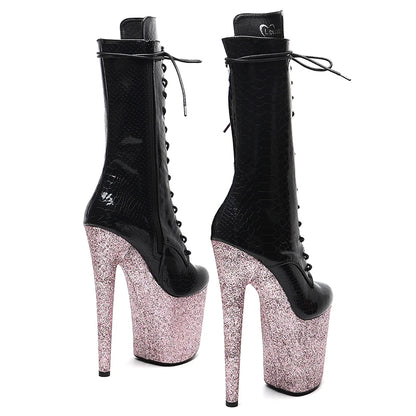 Leecabe Shiny  Snake  PU upper 20CM/8inches Glitter High Heel platform Boots closed toe Pole Dance boots