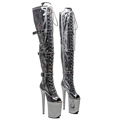 Leecabe 23CM/9 zoll Shiny PU offene spitze mode dame High Heel plateau Pole Dance stiefel