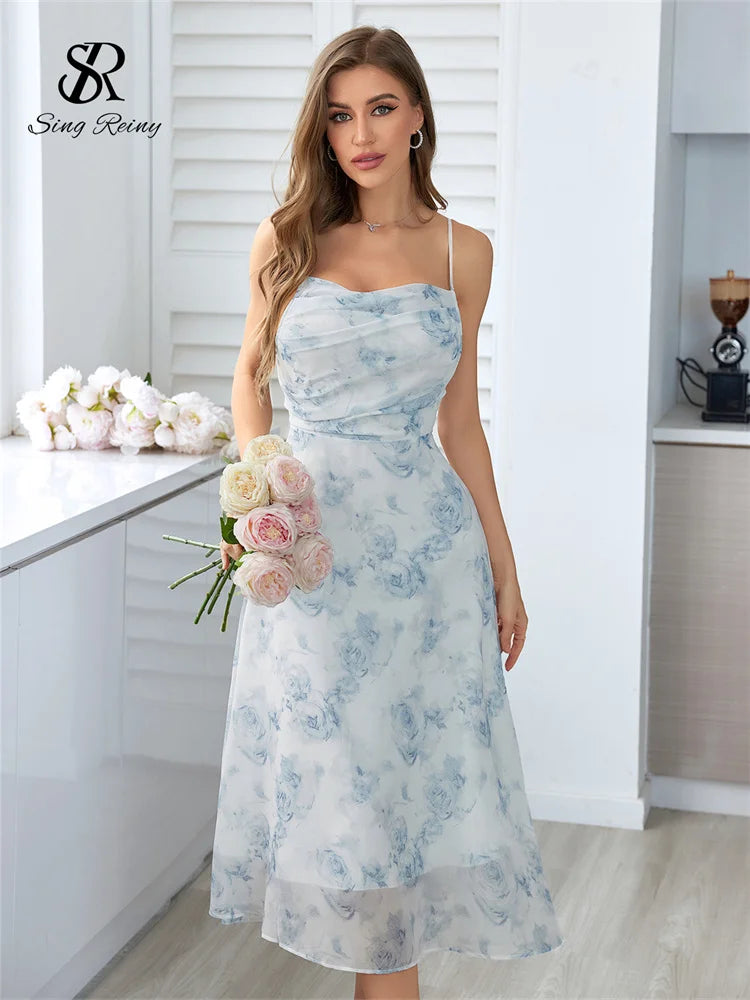 SINGREINY Damen-Kleid mit Spaghettiträgern und Blumenmuster, elastisch, gerüscht, sexy, ausgehöhlt, rückenfrei, Partykleid für den Sommer, Boho, Urlaub, Strand, Sommerkleid