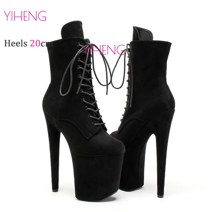 20cm Sexy Black Platform Pole Dance Shoes High Heels Laces Round Toe Low Leg Stripper Heels Black Suede Ankle Boots