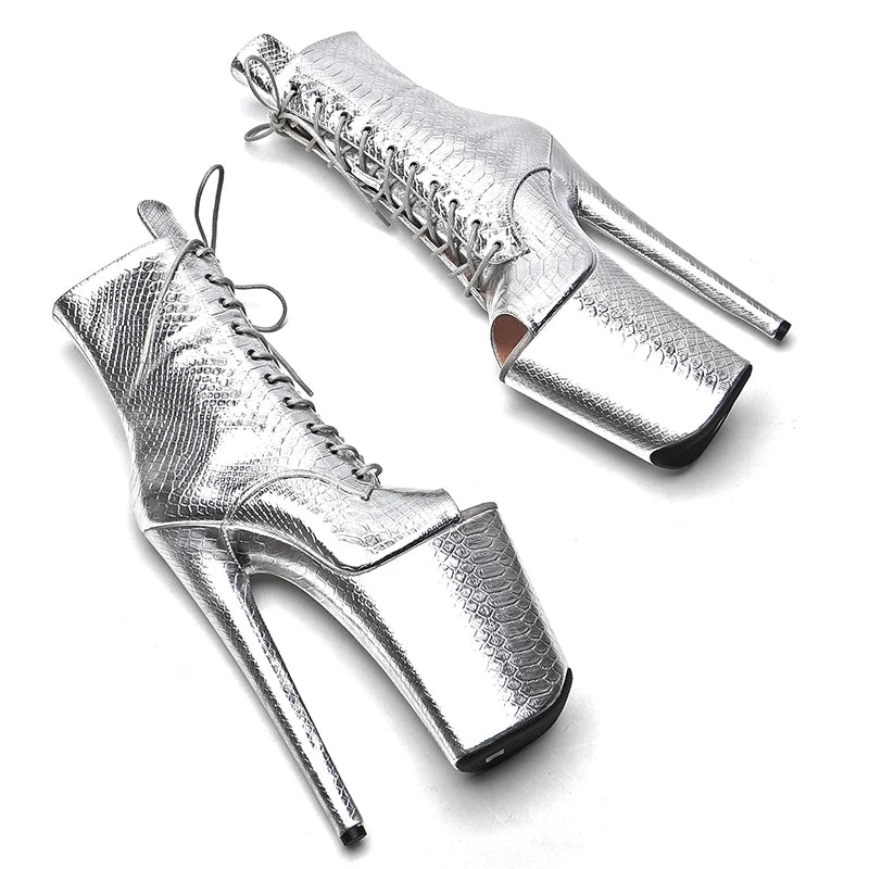 Leecabe 23CM/9 zoll Schlange PU Obermaterial silber farbe Mode trend offene spitze High Heels Pole Dance stiefel