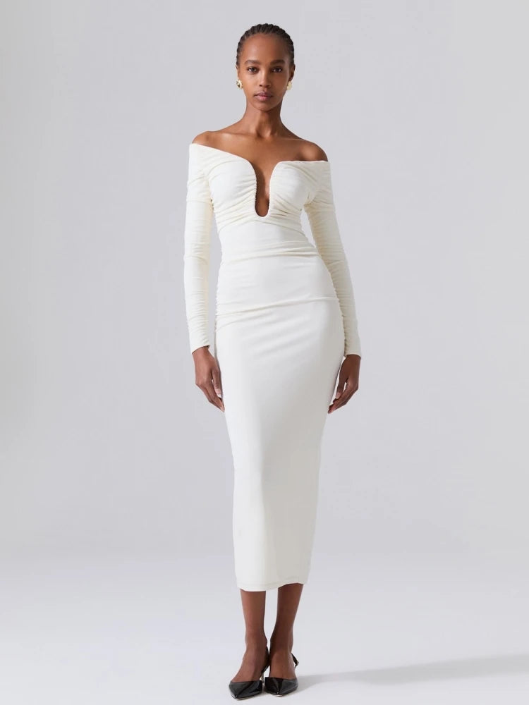 Sexy Off Shoulder Folds Long Sleeves Long Dress Women White Deep V Neck Pleated Bodycon Dresses Elegant Evening Party Gowns