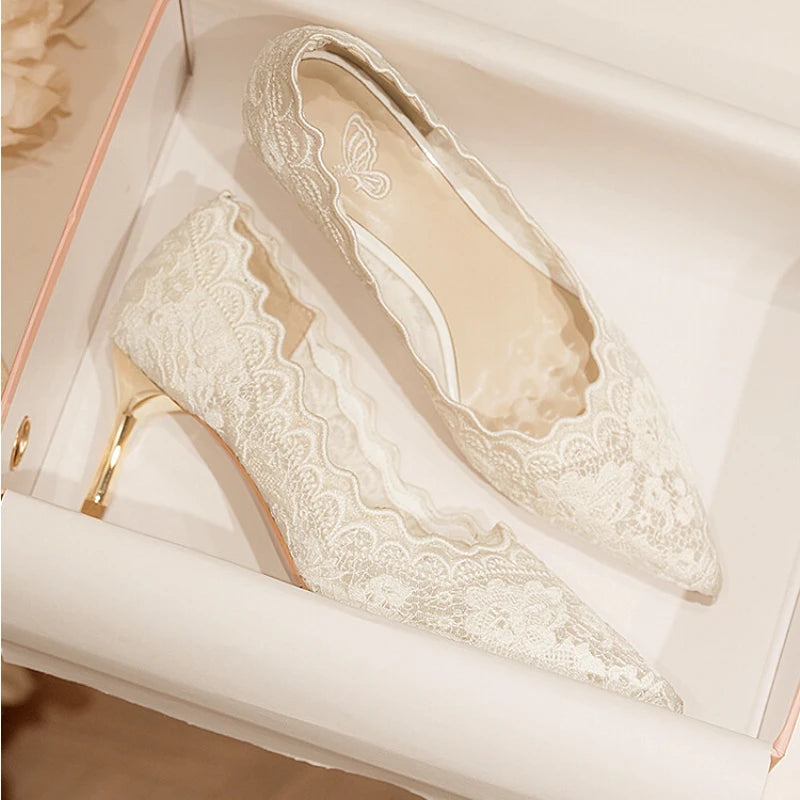 Embroidered Bridal Shoes Wedding Shoes Retro French Sandals 6.5cm High Heels Single Shoes Thin Heels Banquet Pointed Pumps 34-39