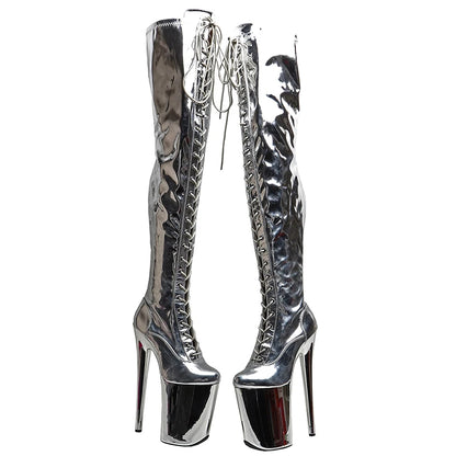 Leecabe 23CM/9 Zoll glänzendes PU-Obermaterial modischer Plateau-High-Heel-Stripper-Absatz Pole Dance-Stiefel