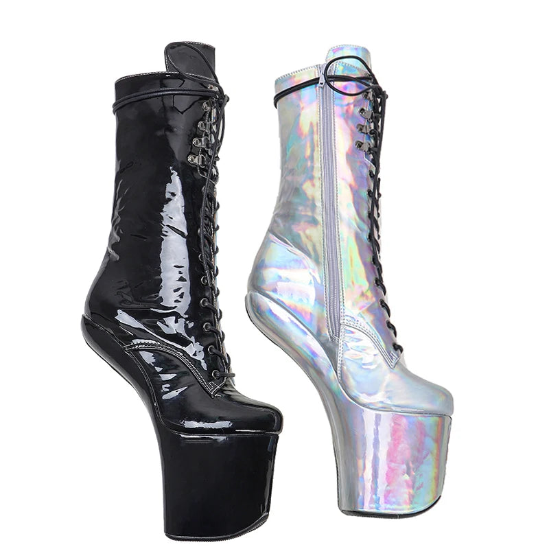 Leecabe Bottines à plateforme noires brillantes avec tige en PU argenté Chaussures de pole dance sexy et exotiques sans talons