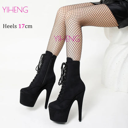 Bottines sexy et exotiques en daim de 17 cm et 7 pouces pour femme, chaussures de pole dance, talons hauts, plateforme, tête ronde, lacets