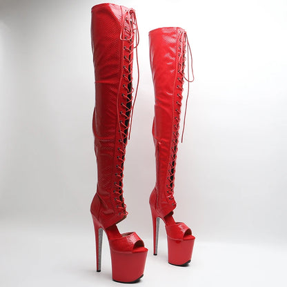 Leecabe 20CM/8 pouces Serpent PU bout ouvert Bottes à talons hauts à la mode et sexy Bottes de pole dance