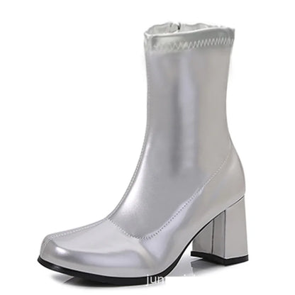 Bottes de studio pour femmes CACA, chaussures de pole dance en cuir verni, bottines à talons hauts, bout carré, fermeture éclair latérale, argent, rouge, grand 45, 46, livraison directe