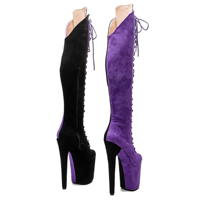 Leecabe 20CM/8 pouces Tige en daim noir avec des chaussures de pole dance violettes Bottes à talons hauts Bottes de pole dance