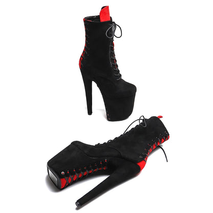 Leecabe 20CM/8 pouces daim noir avec tige de couleur rouge tendance sexy talon haut plateforme Pole Dance boot