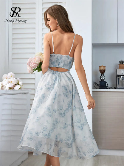 SINGREINY Damen-Kleid mit Spaghettiträgern und Blumenmuster, elastisch, gerüscht, sexy, ausgehöhlt, rückenfrei, Partykleid für den Sommer, Boho, Urlaub, Strand, Sommerkleid