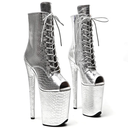 Leecabe 23CM/9 zoll Schlange PU Obermaterial silber farbe Mode trend offene spitze High Heels Pole Dance stiefel