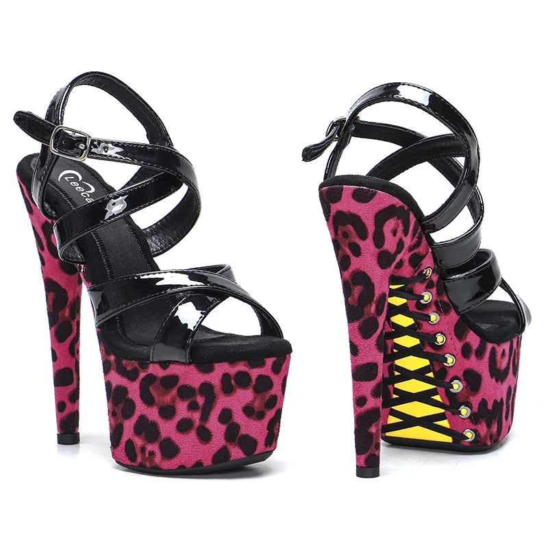 Leecabe17CM/7Inch Patent PU Upper  Leopard  Platform Sandals  party High Heels Shoes Pole Dancing Shoes