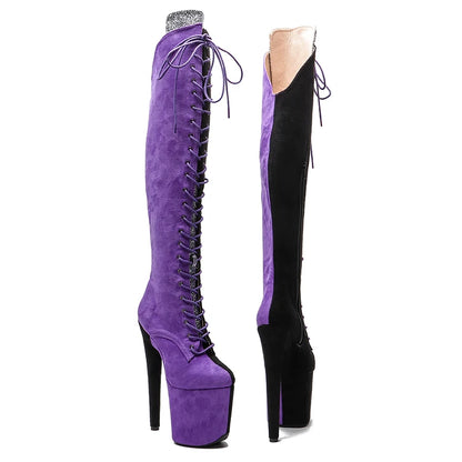 Leecabe 20CM/8 pouces Tige en daim noir avec des chaussures de pole dance violettes Bottes à talons hauts Bottes de pole dance