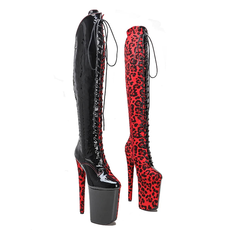 Leecabe 23CM/9 pouces Noir verni avec léopard rouge mode dame talon haut plate-forme Pole Dance bottes