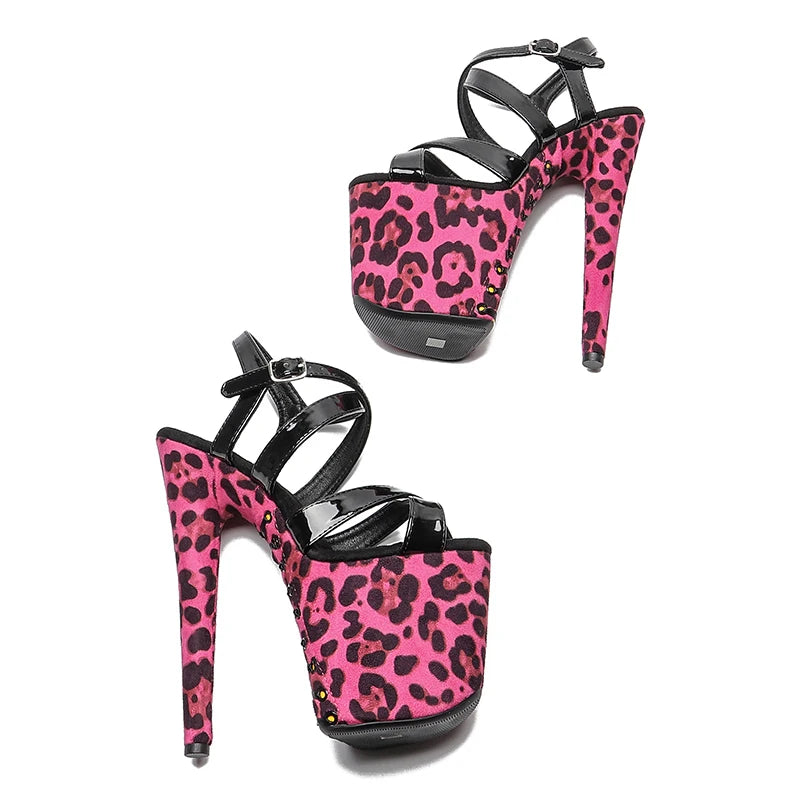 Leecabe 8Inch/20cm Patent  Leopard  lace up Platform Sandals  party High Heels Shoes Pole Dancing Shoes