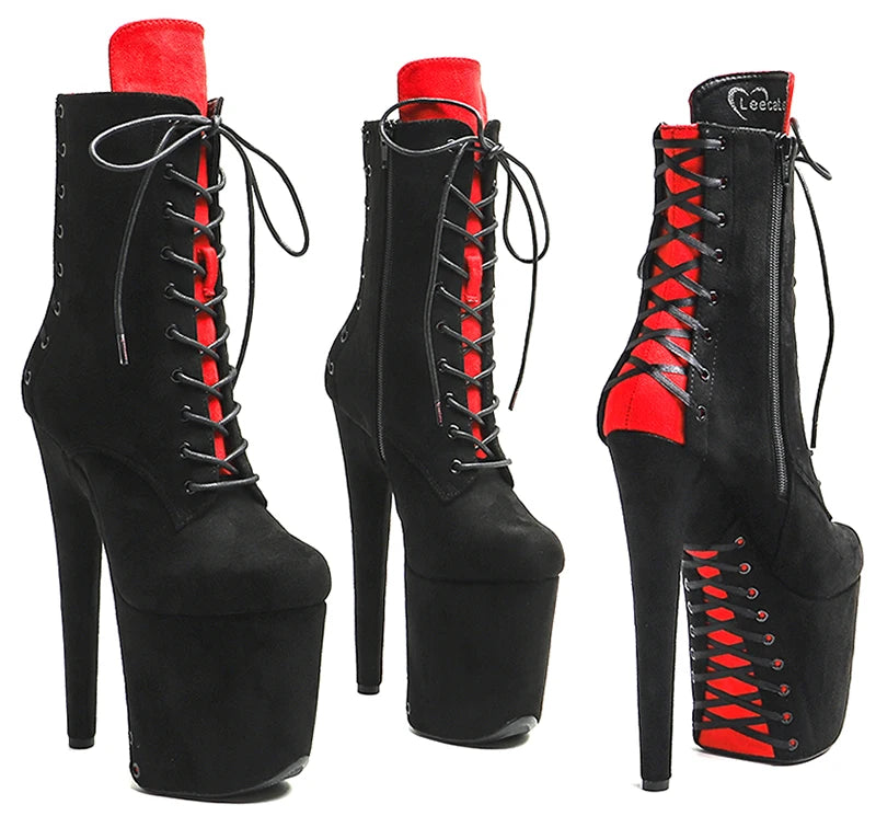 Leecabe 20CM/8 pouces daim noir avec tige de couleur rouge tendance sexy talon haut plateforme Pole Dance boot