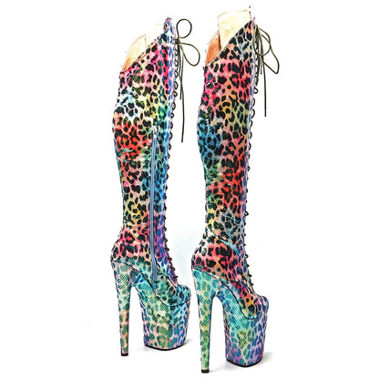 Leecabe 20CM/8Inch Shinny Leopard  colorful   Women's Platform   party High Heels Shoes Pole Dancing boot