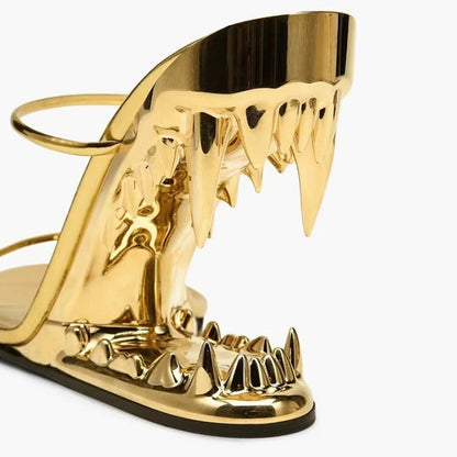 2023 Été Nouvelle Imitation Fangs Talon Rond Sandales Super Talons Hauts Pantoufles De Fête Dorées Taille 34-43 Talon Profilé Chaussures Pour Femmes