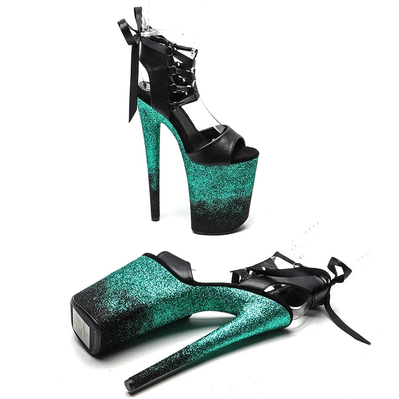 Leecabe 23CM/9inches Matte PU open toe glitter  Platform Sexy  High Heels Sandals Pole Dance shoes