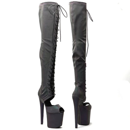 Leecabe 20CM/8 pouces Matériau réfléchissant Tige en PU Talon haut Plateforme Bottes Pole Dance Bottes