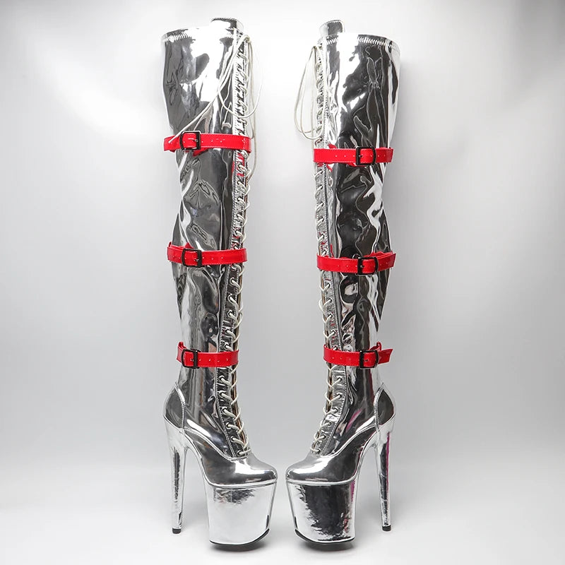 Leecabe  20CM/8inch  Silver  with  Red  Patent  Fashion trend Pole dancing High Heel platform Boots