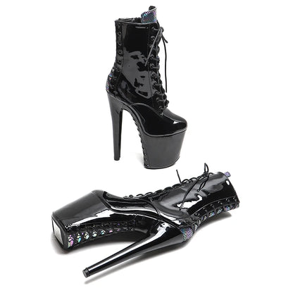 Leecabe 20CM/8 pouces tige en PU verni avec plateforme à talons hauts serpent bottes tendance à la mode talon strip-teaseuse bottes de pole dance