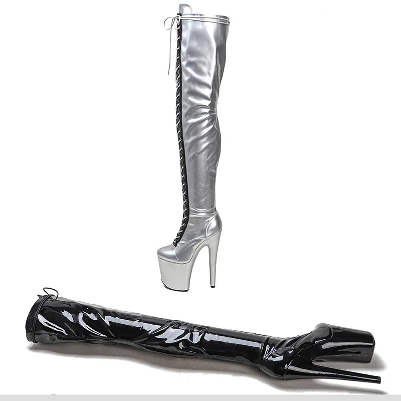 Leecabe 20CM/8Inch PU Tige noire avec argent Exotique Sexy Mode Tendance Plateforme disco fête Talons Hauts Chaussures Pole Dance botte