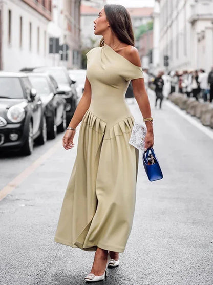 Elegant Off Shoulder Dress For Women Summer Short Sleeve Fold Long Dresses Female 2024 Fashion Solid Holiday Lady Vestidos