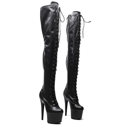 Leecabe 17CM/7 pouces Mat PU Tige sexy cuissardes à lacets Talon haut plateforme Pole Dance Boot