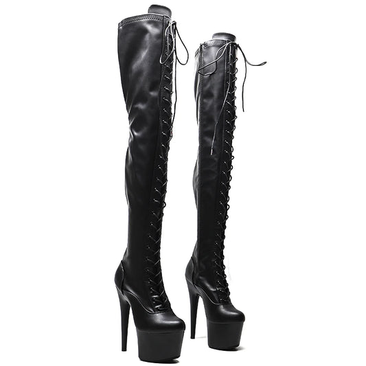 Leecabe 17CM/7 pouces Mat PU Tige sexy cuissardes à lacets Talon haut plateforme Pole Dance Boot