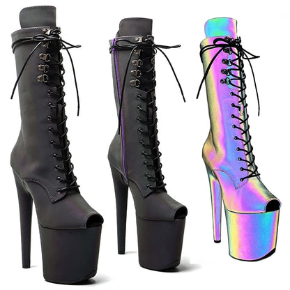 Leecabe 20CM/8Inch Holographic Night light  Small open toe  Fashion trendy  Platform disco party High Heels  Pole Dance boot