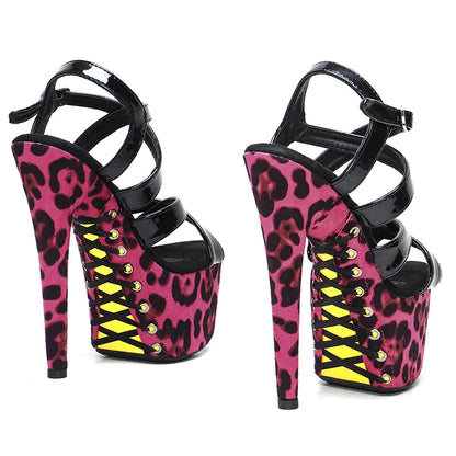 Leecabe17CM/7Inch Patent PU Upper  Leopard  Platform Sandals  party High Heels Shoes Pole Dancing Shoes