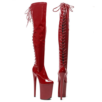 Leecabe 23CM/9 pouces matériau verni PU mode dame talon haut plate-forme bottes de pole dance