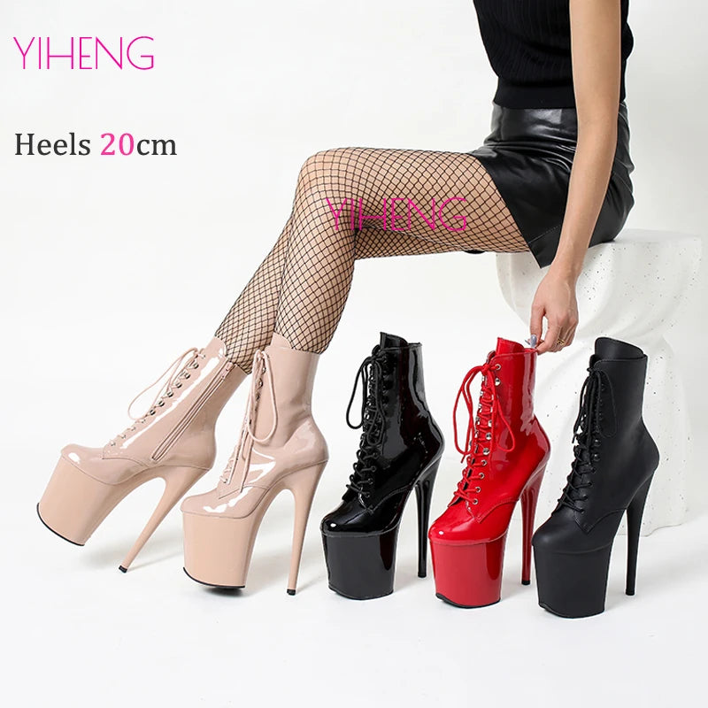 20CM/8 Zoll Pole Dance Stiefel Glänzende Plateau Stripper Heels Damen Stiefeletten Schnürstiefel mit Reißverschluss Roman Fashion Lady Knight Stiefel