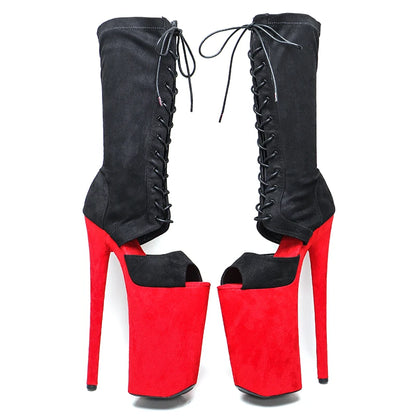 Leecabe 26CM/10 pouces noir avec tige en daim rouge sexy exotique talon haut plate-forme fête bout ouvert chaussures Pole Dance boot