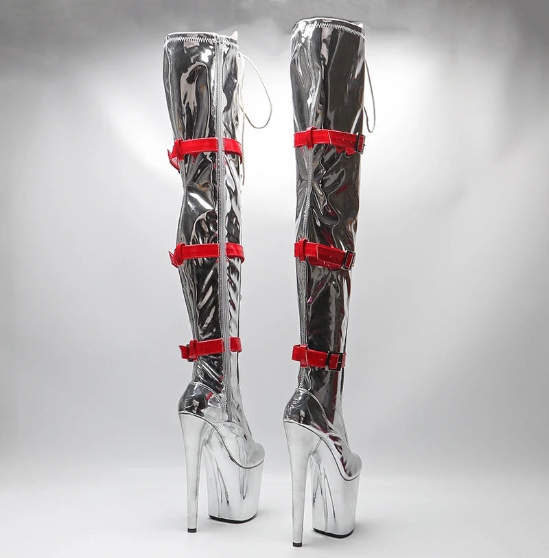 Leecabe  20CM/8inch  Silver  with  Red  Patent  Fashion trend Pole dancing High Heel platform Boots