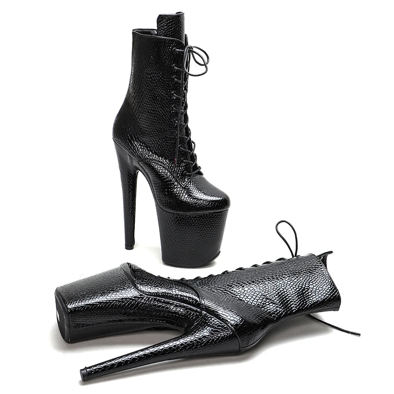 Leecabe 20CM/8inch Schwarze Schlangen Pole Dance Schuhe High Heel Plateau Pole Dance Stiefel