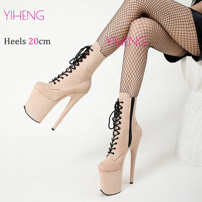 Sexy Exotic Beige Suede 20cm 8Inch Pole Dance Boots Stripper Heels Platform Women Ankle Boots Lace-up Zip Striptease Shoes