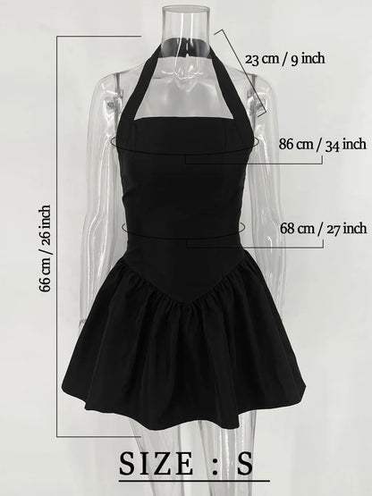 TARUXY Mini-Neckholder-Kleid mit Rüschen für Damen, sexy, rückenfreies A-Linien-Saum, Schnürung, hohe Taille, schwarzes, figurbetontes Strandkleid für Damen